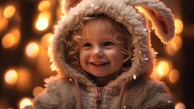 A smiling baby whose head is decorated with bunny ears Easter concept