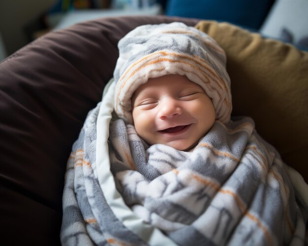 a smiling baby wrapped in a blanket