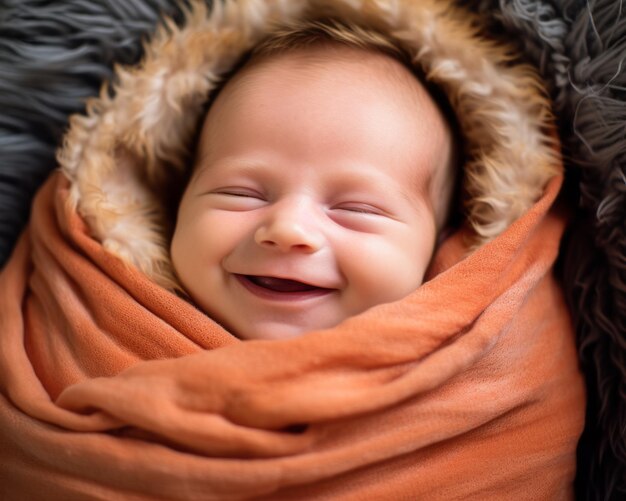 a smiling baby wrapped in an orange blanket