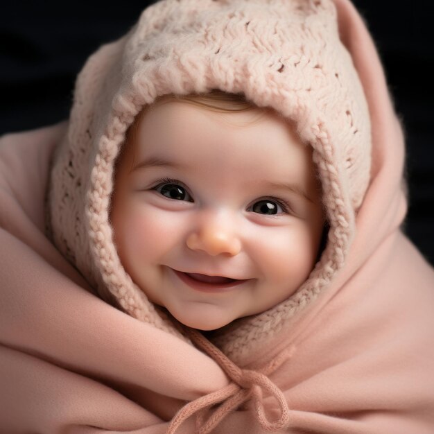 a smiling baby wrapped in a pink blanket