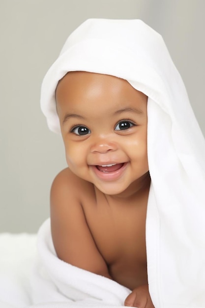 Photo a smiling baby wrapped in a white towel