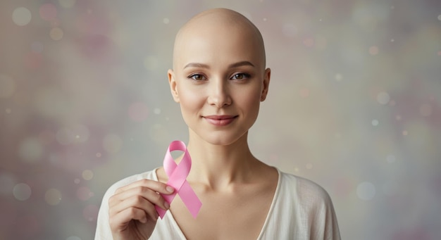 smiling bald woman hugging with a friend fighting breast cancer