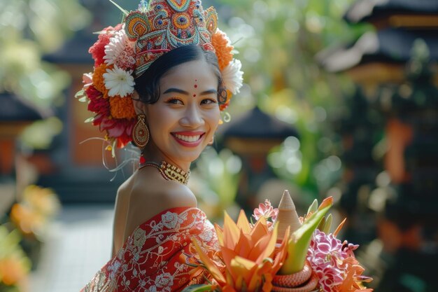 Photo smiling balinese woman in traditional kebaya carrying offering