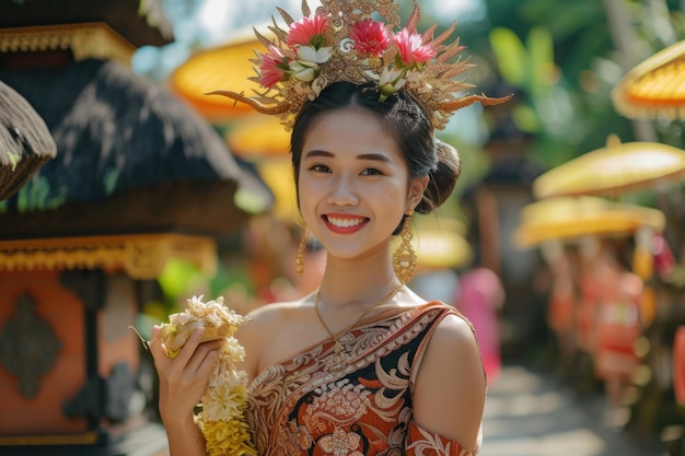 Smiling Balinese woman in traditional kebaya carrying offering