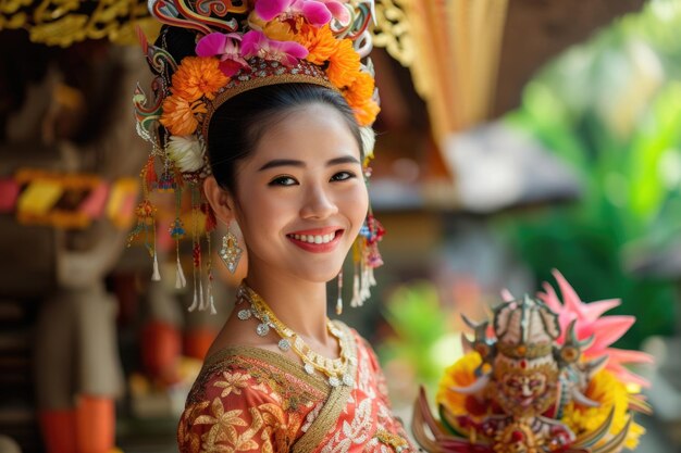 Photo smiling balinese woman in traditional kebaya carrying offering