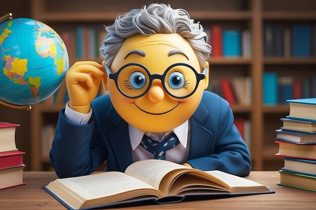 Smiling ball reading book with glasses