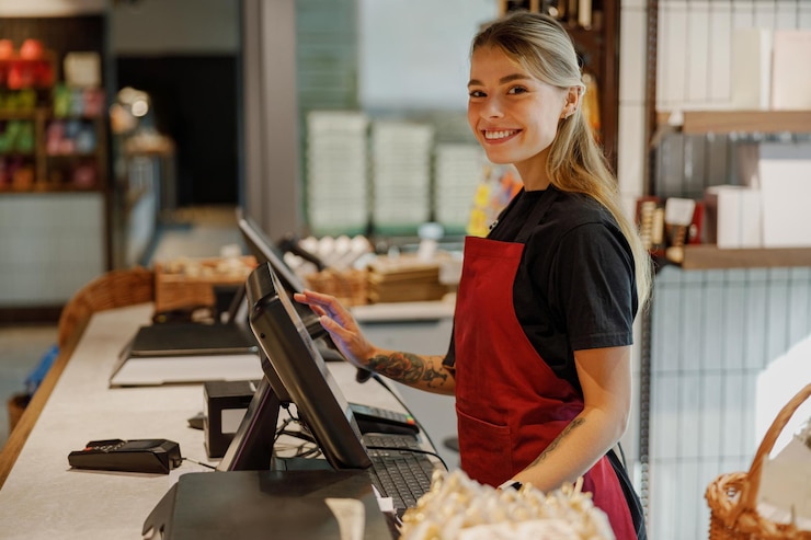 Photo a smiling barista at the cafe counter engaging with customers using a modern register