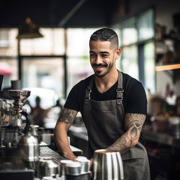 Smiling barista in a coffee shop possibly for hospitality industry promotion