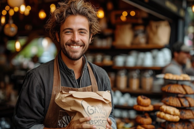 Smiling Barista Holding Coffee Bag