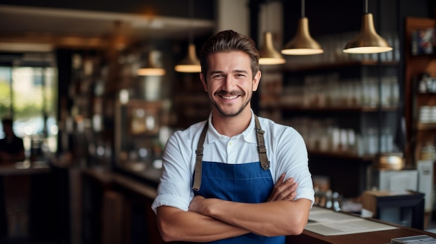 A smiling barista wearing a apron