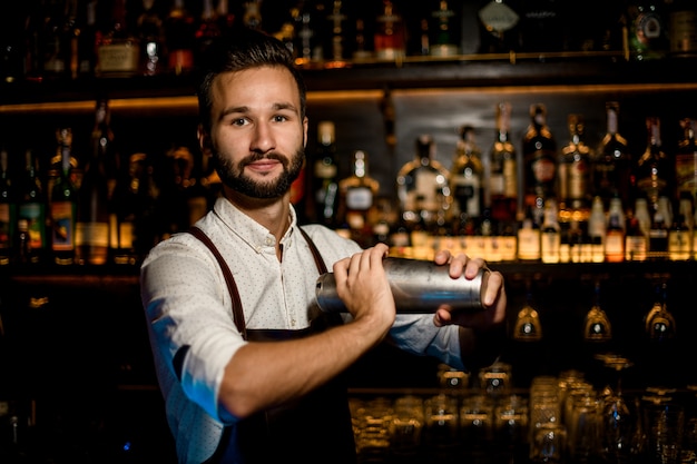 Smiling bartender standing with a professional steel shaker making a cocktail