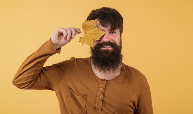 Smiling bearded man covered eye with yellow maple leaf seasonal\
fashion autumn clothing