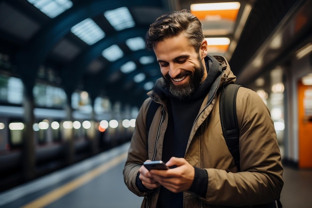 Smiling Bearded Man Engaged with His Smart Phone Generative Ai