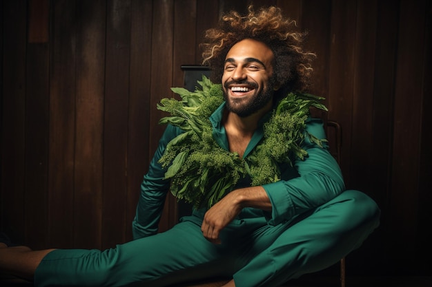 Photo smiling bearded man in green costume