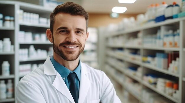 smiling bearded man pharmacist portrait in a pharmacy