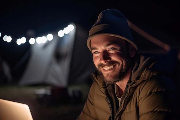 Smiling bearded man traveller sitting near camp tent in midnight generative ai