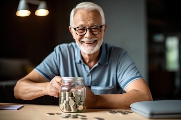 Photo smiling bearded senior man with glasses sits at table surrounded by glass jar and scattered coins