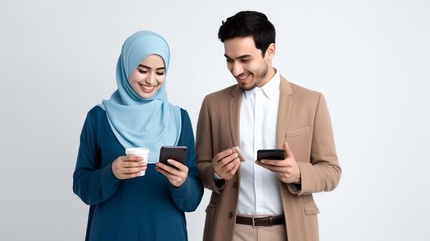 smiling beautiful asian muslim woman in blue sweater and hijab and a bussinesman