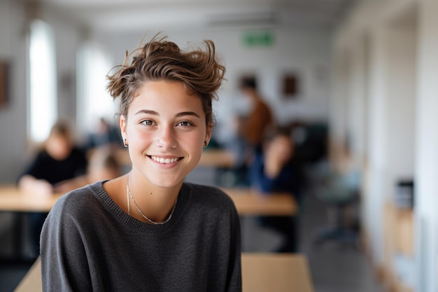 Una bellissima studentessa universitaria caucasica sorridente in classe.