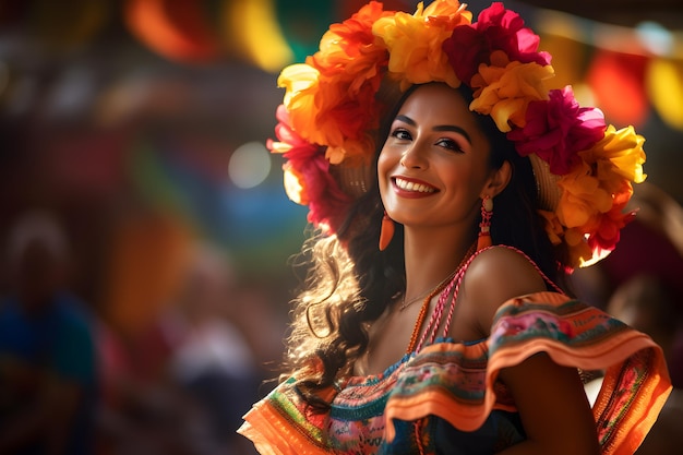 Smiling beautiful of dancer woman celebrating Hispanic Heritage Month folk Mexican hat dance culture