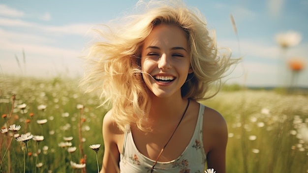 Photo smiling beautiful girl in the field with flowers sunny summer day forbs and wild flowers