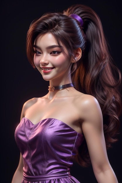 Smiling beautiful long haired woman in evening gown noble and elegant dress exquisite face