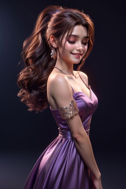 Smiling beautiful long haired woman in evening gown noble and elegant dress exquisite face