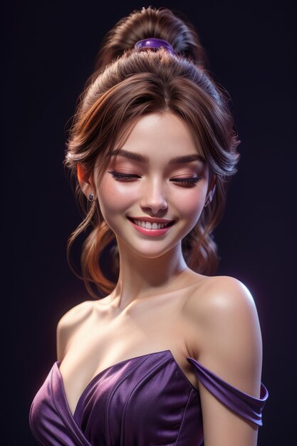 Smiling beautiful long haired woman in evening gown noble and elegant dress exquisite face