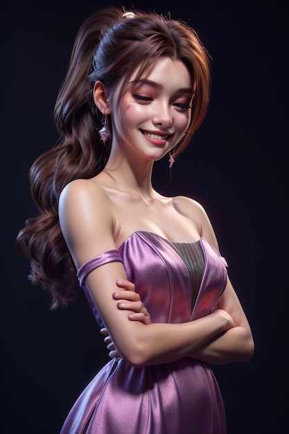 Smiling beautiful long haired woman in evening gown noble and elegant dress exquisite face