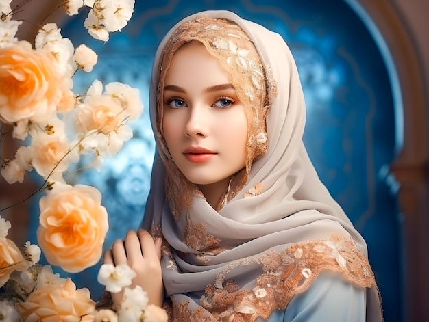 イーダ・ムバラク・ラマダンのコンセプトでモスクで花とヒジャブを着た笑顔の美しいムスリム女性