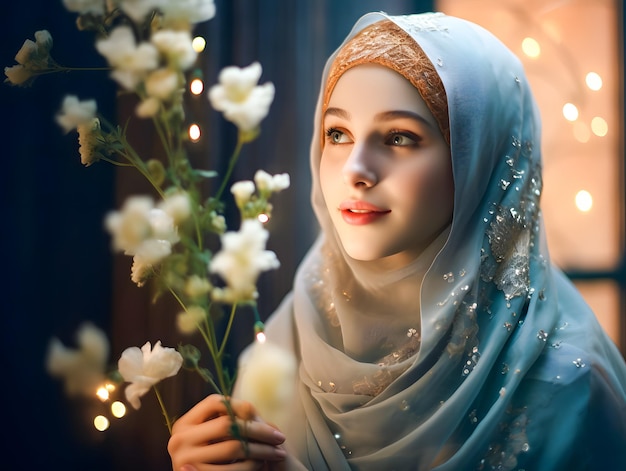 イーダ・ムバラク・ラマダンのコンセプトで花とヒジャブを着た笑顔の美しいイスラム教徒の女性