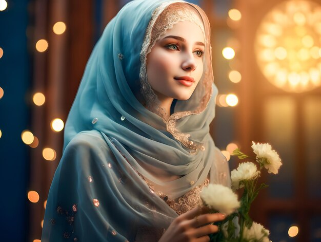 イーダ・ムバラク・ラマダンのコンセプトで花とヒジャブを着た笑顔の美しいイスラム教徒の女性