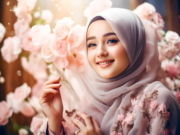 Smiling beautiful Muslim woman in hijab with flowers eid mubarak Ramadan concept