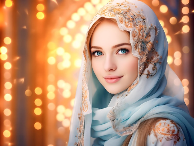 写真 ヒジャブを着て笑顔の美しいイスラム教徒の女性がモスクのライトボケでイード・ムバラク・ラマダンのコンセプト