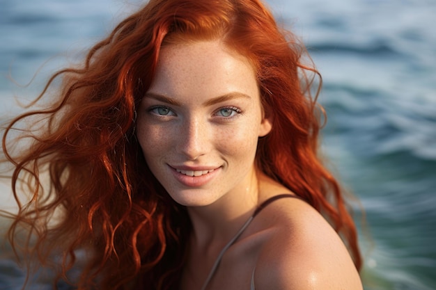 Photo smiling beautiful redhaired woman on sea