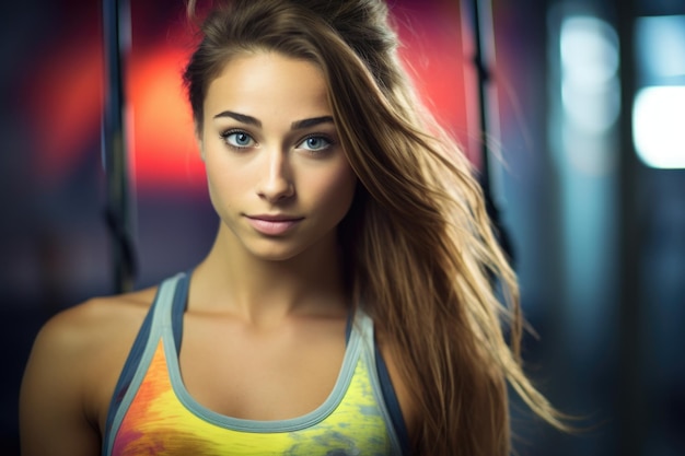 smiling beautiful very cute face of fit girl standing in gym wearing Top Clothing