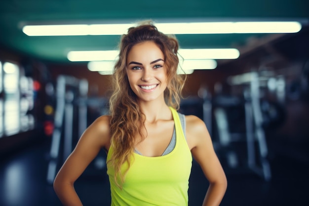 Smiling beautiful very cute fit girl standing in gym