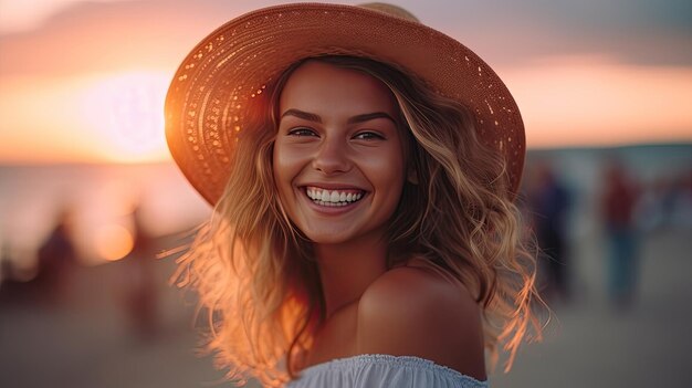 a smiling beautiful young woman vacationing on the sea summer vacation Generative Ai