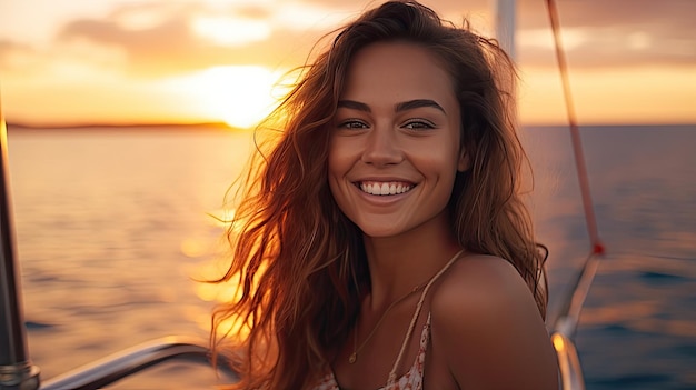 웃고 있는 아름다운 젊은 여성이 바다에서 휴가를 보내고 여름방학 생성 Ai