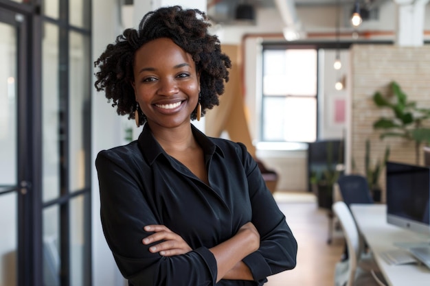 Photo a smiling black businesswoman standing in an office with arms crossed radiating confidence and
