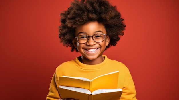 Smiling black child school girl with glasses hold books on her head yellow