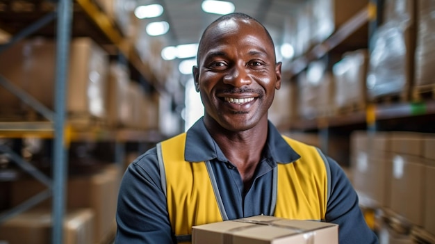 Smiling black employee in warehouse carrying a package GENERATE AI