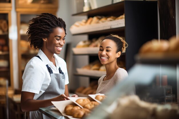 Улыбающаяся чернокожая женщина-пекарь разговаривает с покупателем