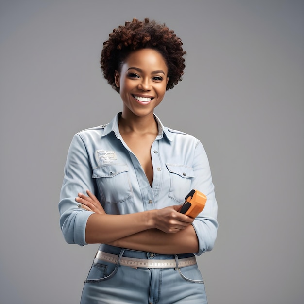 Smiling black female stylist standing holding a measuring device