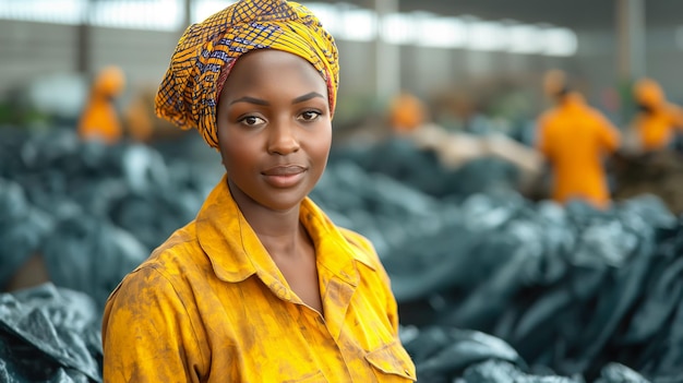 Smiling black female worker in safety gear works on sorting and processing recyclable materials