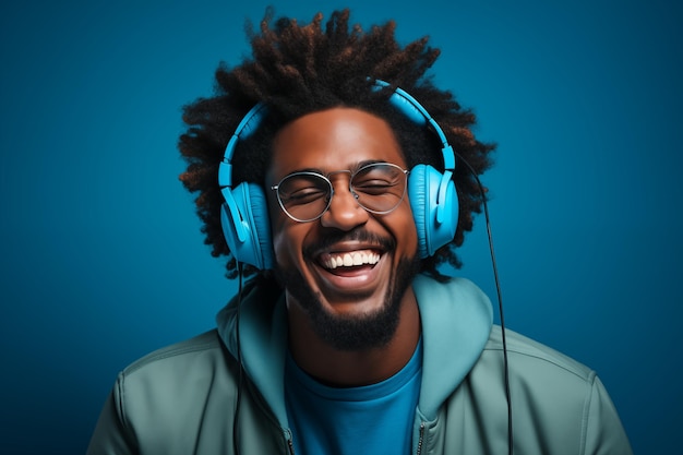 smiling black guy with blue headphone and wearing a red jacket in the studio with blue background