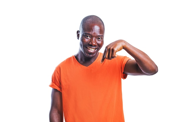 Smiling black man wearing orange tshirt