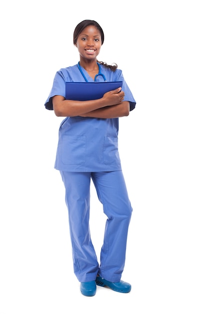 Smiling black nurse full length