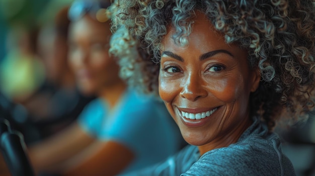 Smiling Black Senior Woman Riding Stationary Bike