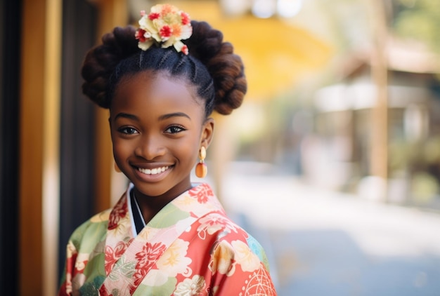 Smiling black skin woman in traditional red kimono sakura